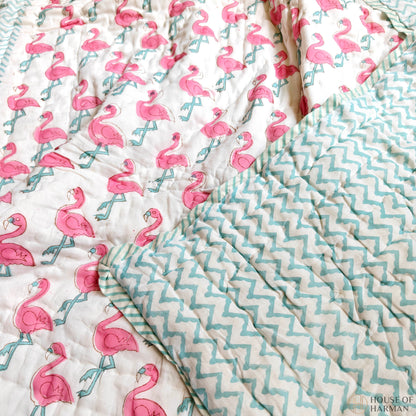 Pink Palm Flamingo Baby Quilt