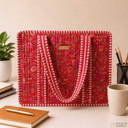 House of Harman Block Printed Tote Bag | Zipper Closure | 2 Inner Pockets | Ample Storage