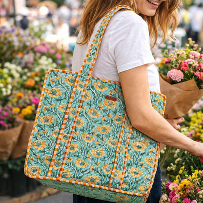 House of Harman Block Printed Tote Bag | Zipper Closure | 2 Inner Pockets | Ample Storage