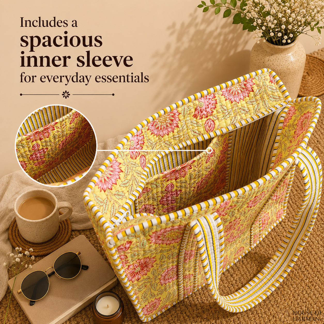 House of Harman Block Printed Tote Bag | Zipper Closure | 2 Inner Pockets | Ample Storage