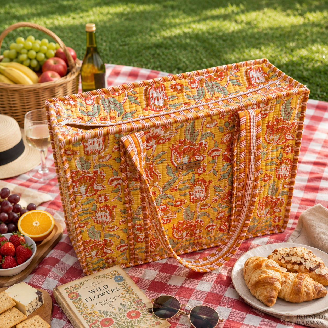House of Harman Block Printed Tote Bag | Zipper Closure | 2 Inner Pockets | Ample Storage