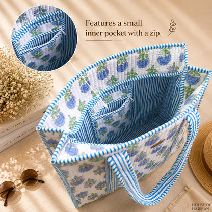 House of Harman Block Printed Tote Bag | Zipper Closure | 2 Inner Pockets | Ample Storage