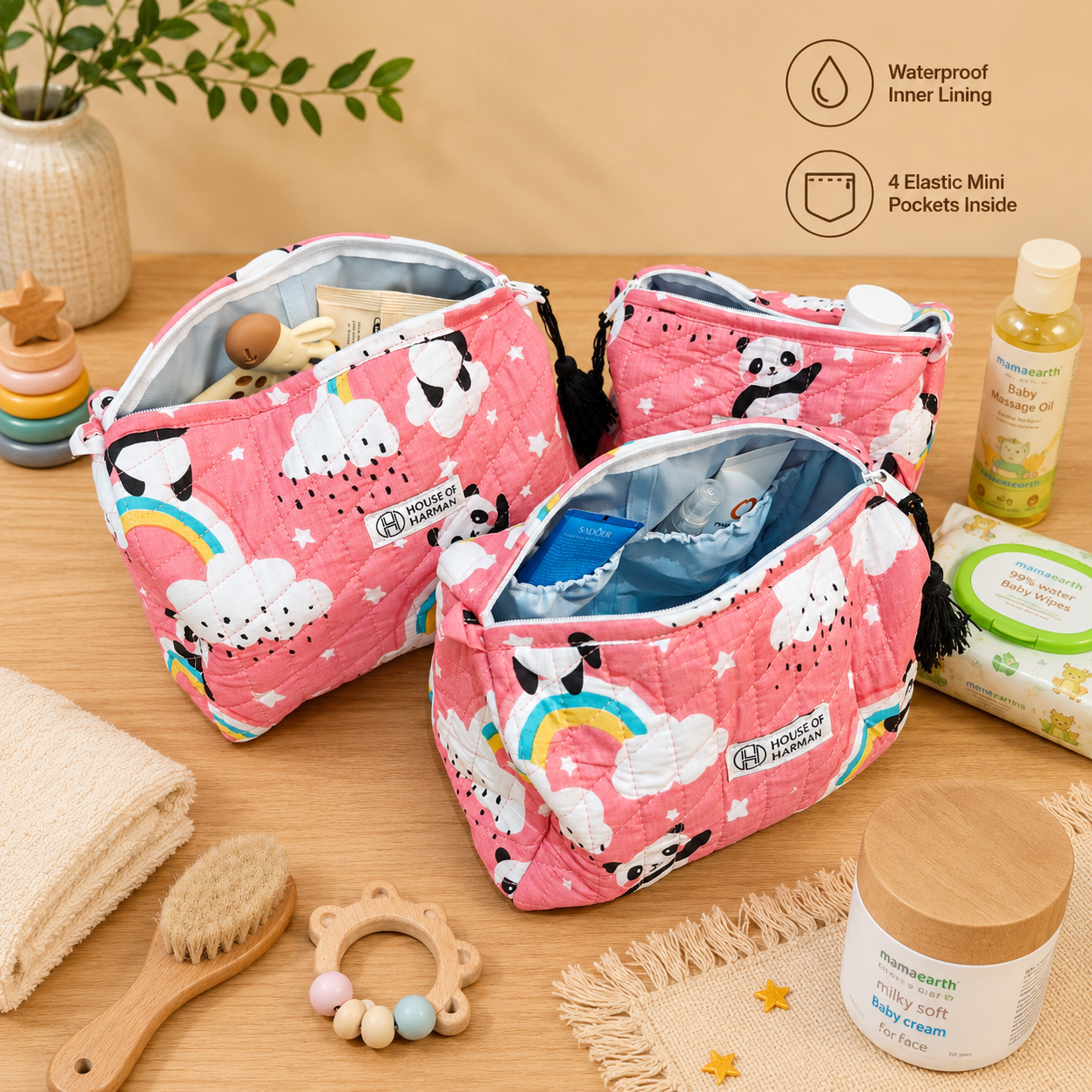 Multipurpose Pouches- Set of Three I Waterproof Lining I Four Mini Pockets Inside