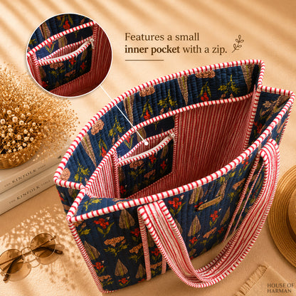 House of Harman Block Printed Tote Bag | Zipper Closure | 2 Inner Pockets | Ample Storage