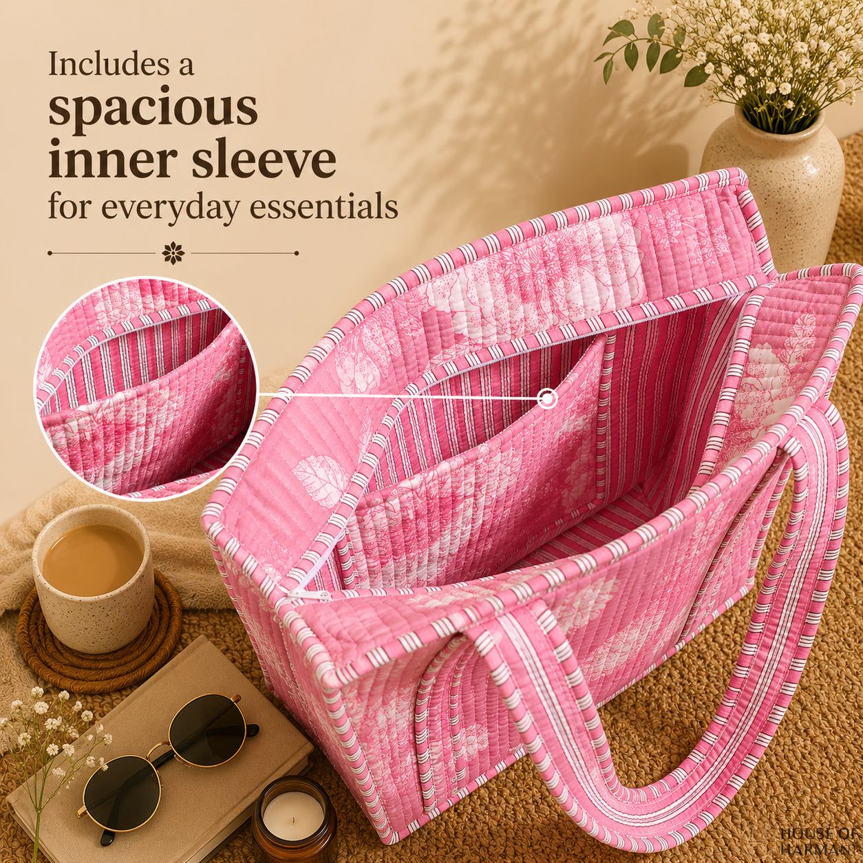 House of Harman Block Printed Tote Bag | Zipper Closure | 2 Inner Pockets | Ample Storage