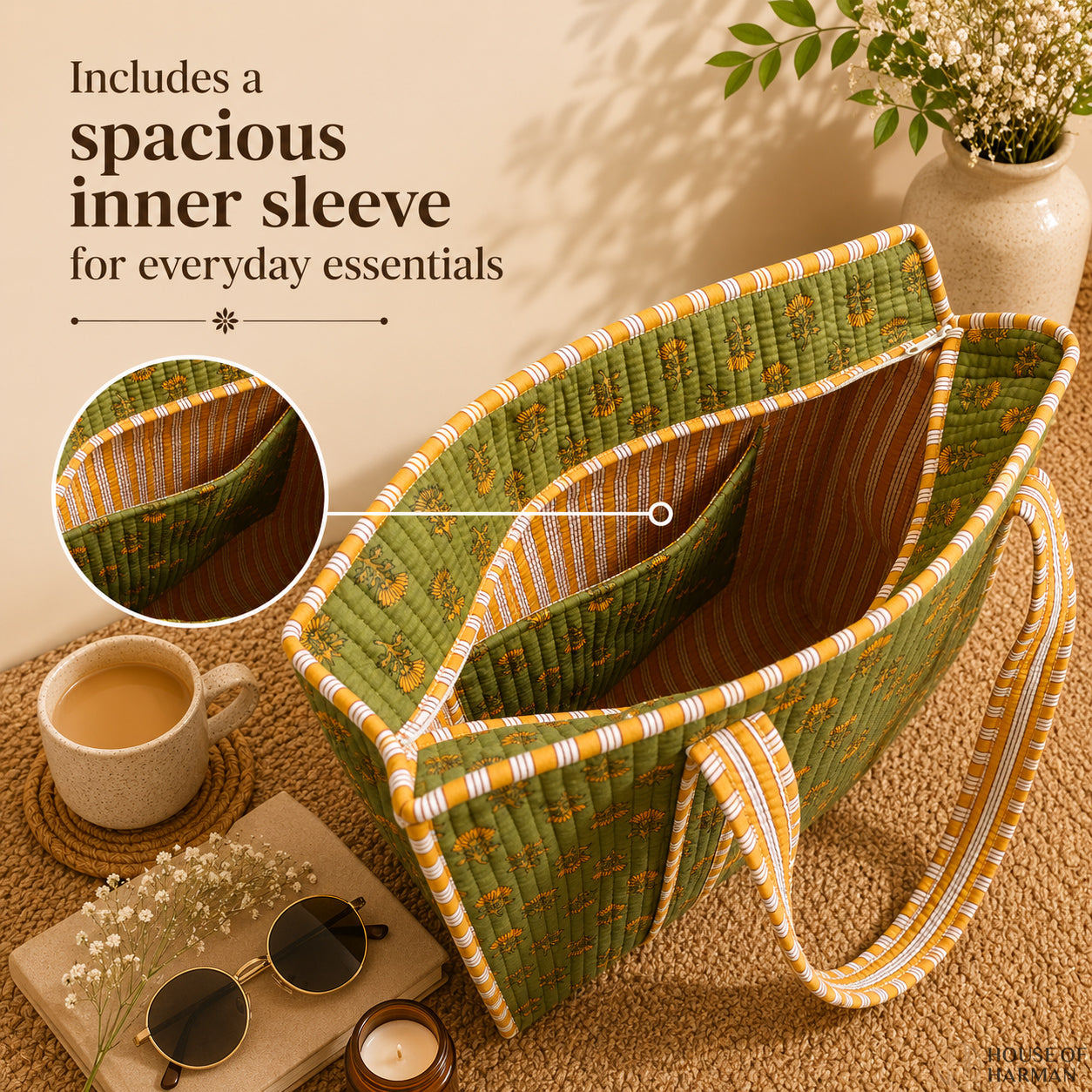 House of Harman Block Printed Tote Bag | Zipper Closure | 2 Inner Pockets | Ample Storage