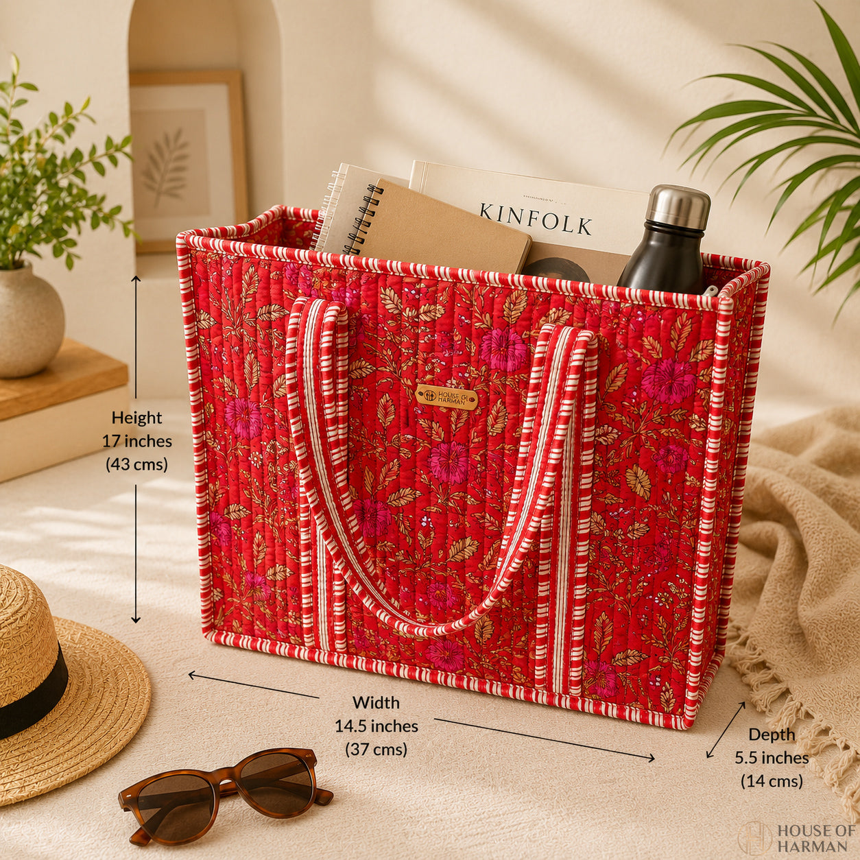 House of Harman Block Printed Tote Bag | Zipper Closure | 2 Inner Pockets | Ample Storage