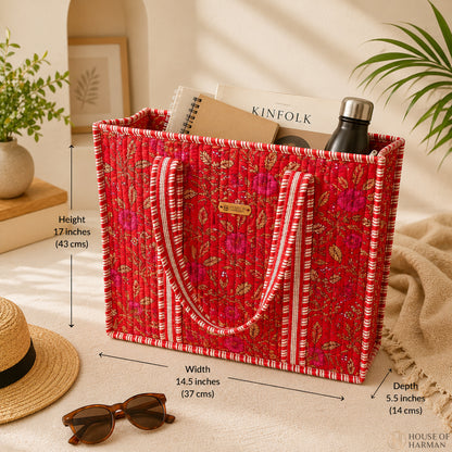 House of Harman Block Printed Tote Bag | Zipper Closure | 2 Inner Pockets | Ample Storage