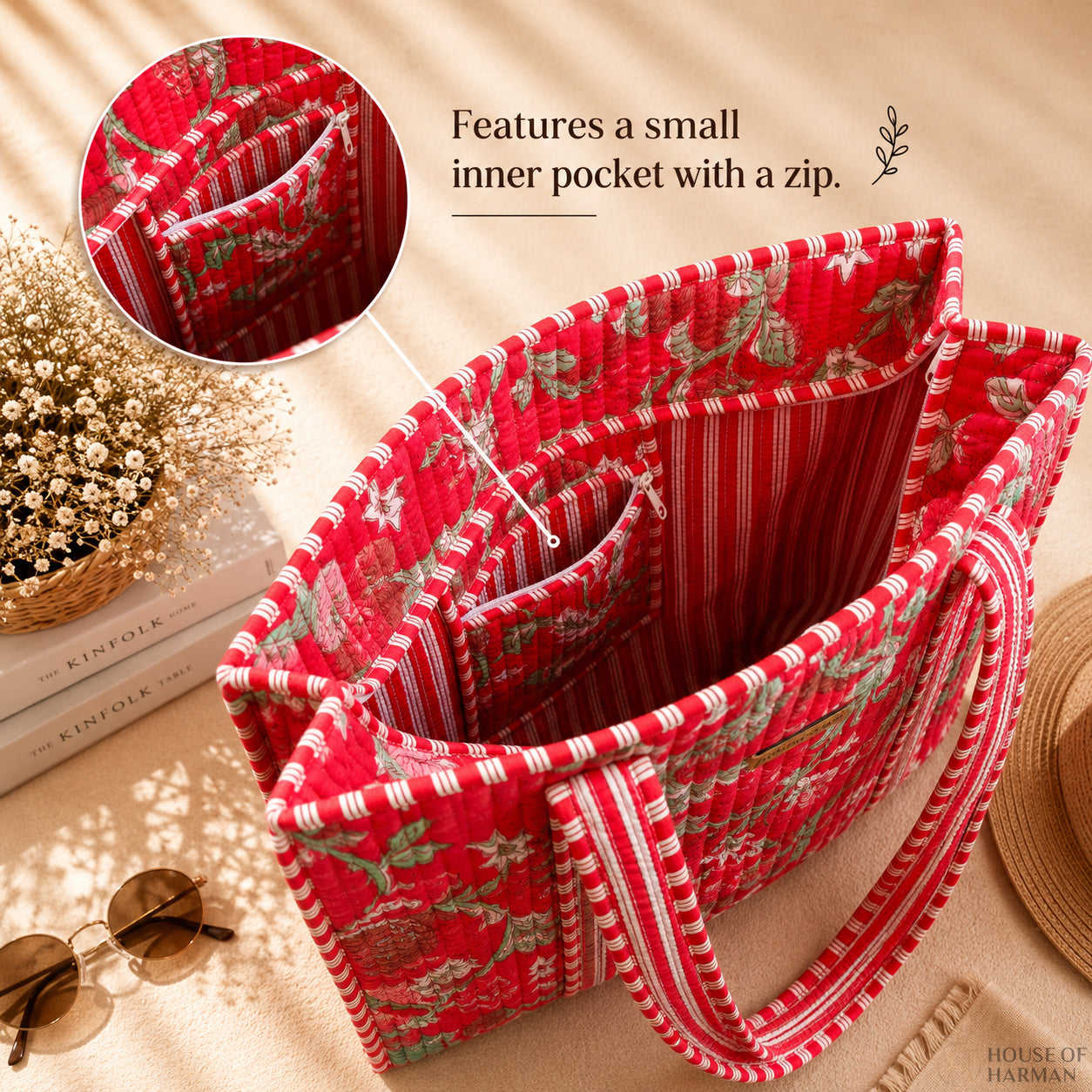 House of Harman Block Printed Tote Bag | Zipper Closure | 2 Inner Pockets | Ample Storage