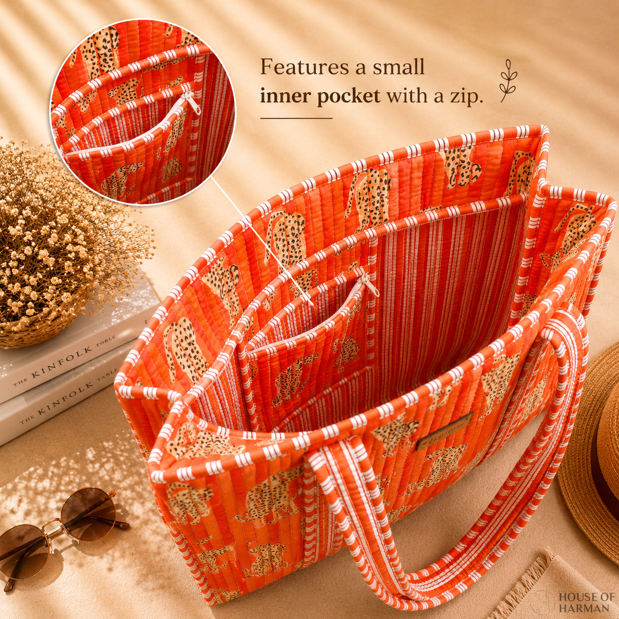 House of Harman Block Printed Tote Bag | Zipper Closure | 2 Inner Pockets | Ample Storage