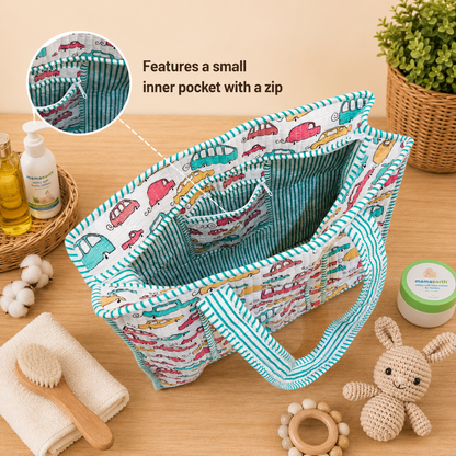 House of Harman Block Printed Tote Bag | Zipper Closure | 2 Inner Pockets | Ample Storage