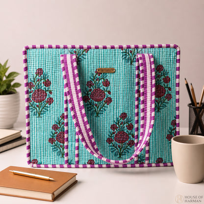 House of Harman Block Printed Tote Bag | Zipper Closure | 2 Inner Pockets | Ample Storage