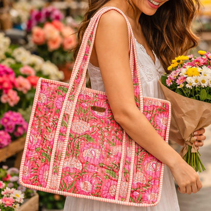 House of Harman Block Printed Tote Bag | Zipper Closure | 2 Inner Pockets | Ample Storage