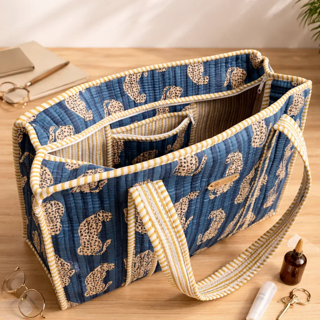 House of Harman Block Printed Tote Bag | Zipper Closure | 2 Inner Pockets | Ample Storage