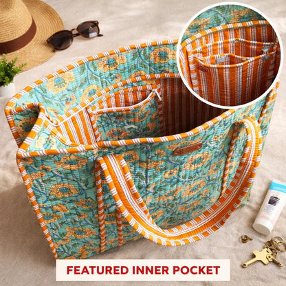 House of Harman Block Printed Tote Bag | Zipper Closure | 2 Inner Pockets | Ample Storage