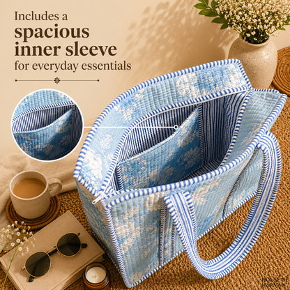 House of Harman Block Printed Tote Bag | Zipper Closure | 2 Inner Pockets | Ample Storage