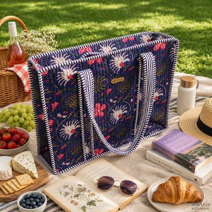 House of Harman Block Printed Tote Bag | Zipper Closure | 2 Inner Pockets | Ample Storage