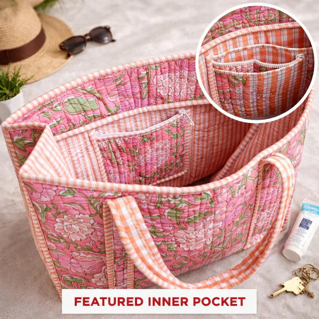 House of Harman Block Printed Tote Bag | Zipper Closure | 2 Inner Pockets | Ample Storage