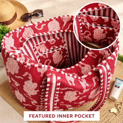 House of Harman Block Printed Tote Bag | Zipper Closure | 2 Inner Pockets | Ample Storage