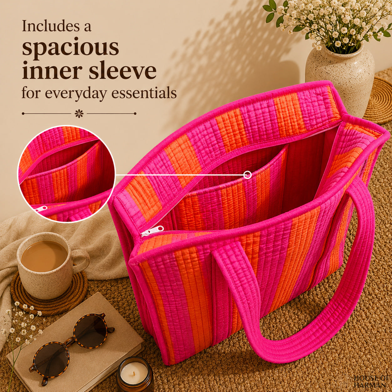 House of Harman Block Printed Tote Bag | Zipper Closure | 2 Inner Pockets | Ample Storage