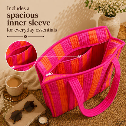 House of Harman Block Printed Tote Bag | Zipper Closure | 2 Inner Pockets | Ample Storage