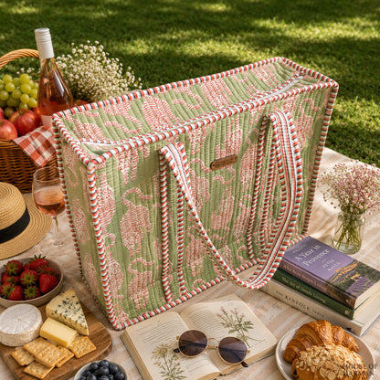 House of Harman Block Printed Tote Bag | Zipper Closure | 2 Inner Pockets | Ample Storage
