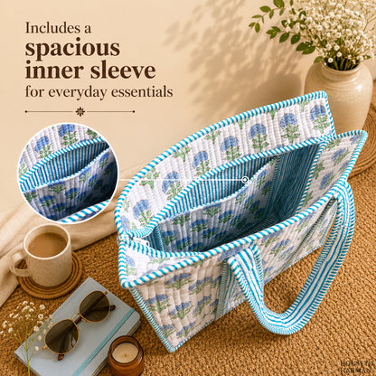 House of Harman Block Printed Tote Bag | Zipper Closure | 2 Inner Pockets | Ample Storage