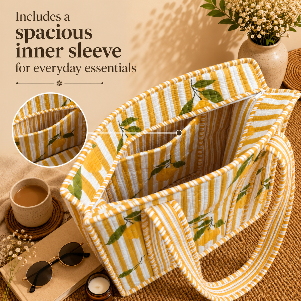 House of Harman Block Printed Tote Bag | Zipper Closure | 2 Inner Pockets | Ample Storage
