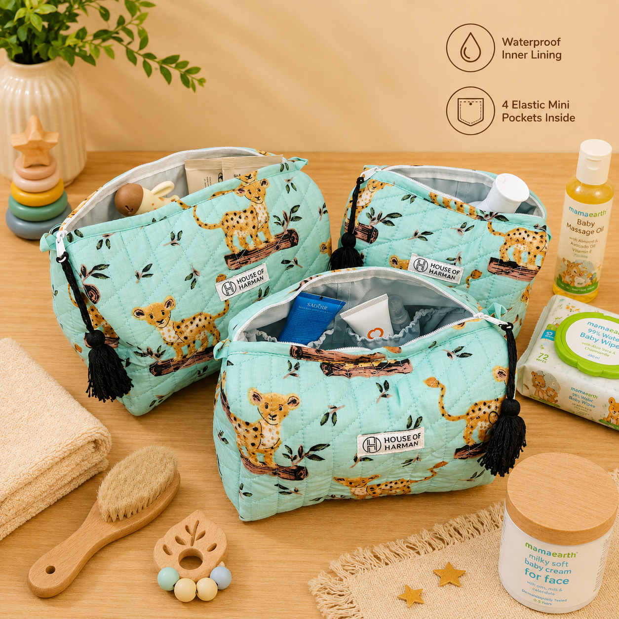 Multipurpose Pouches- Set of Three I Waterproof Lining I Four Mini Pockets Inside