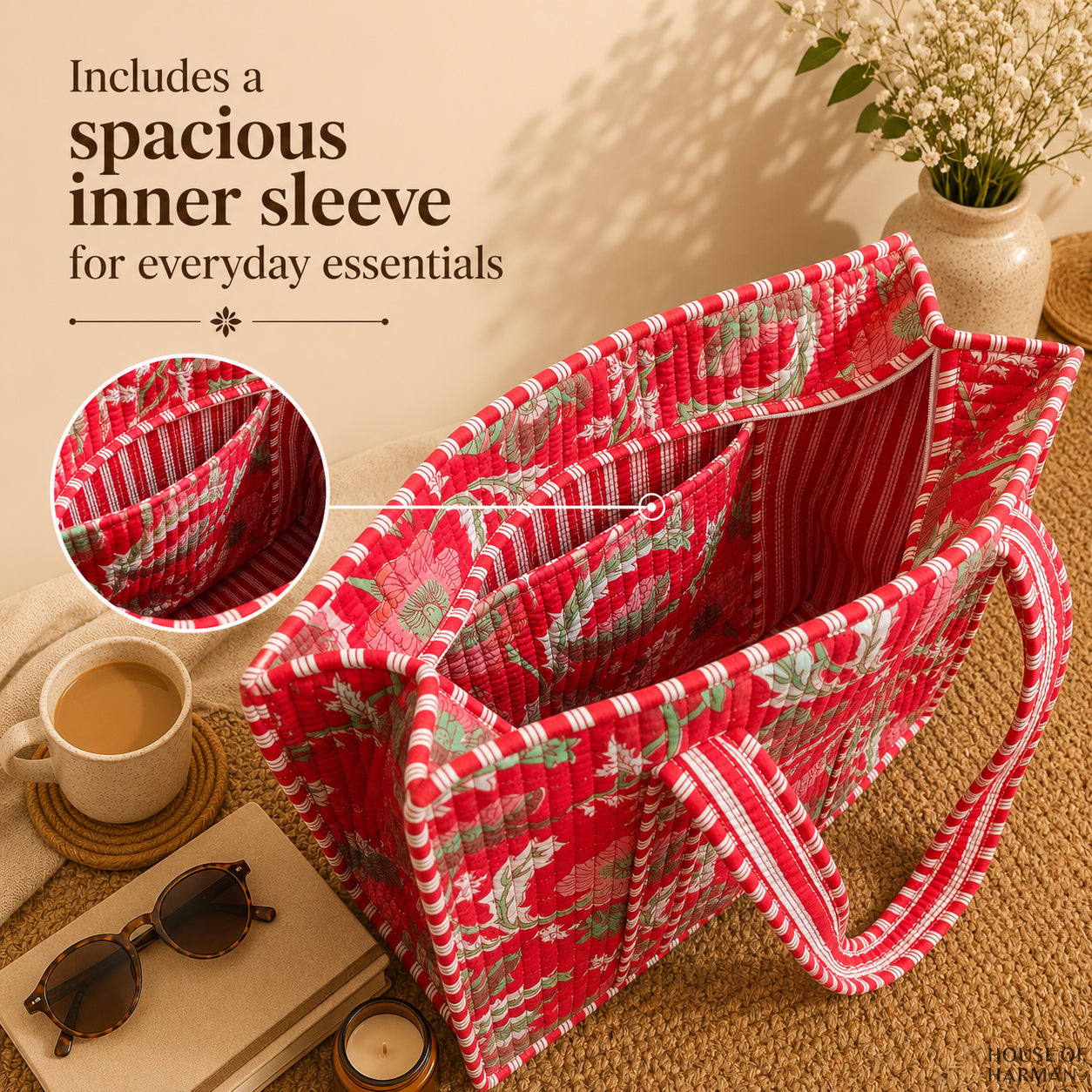 House of Harman Block Printed Tote Bag | Zipper Closure | 2 Inner Pockets | Ample Storage
