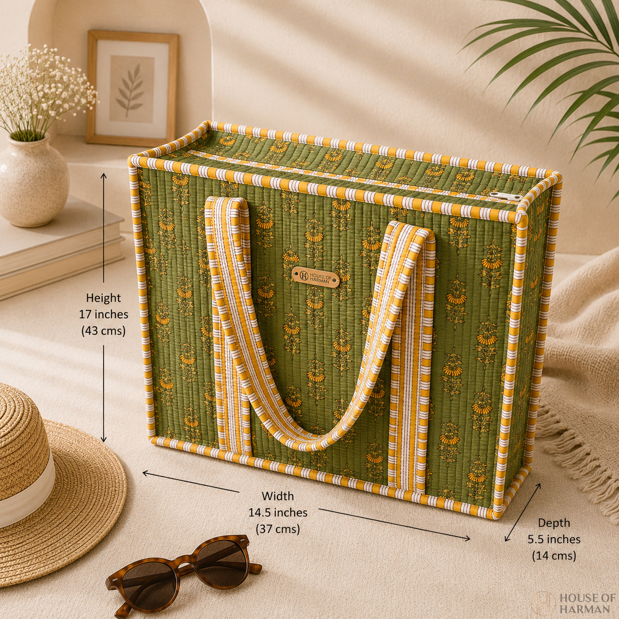 House of Harman Block Printed Tote Bag | Zipper Closure | 2 Inner Pockets | Ample Storage