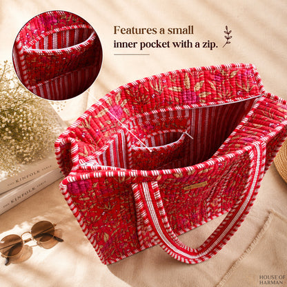 House of Harman Block Printed Tote Bag | Zipper Closure | 2 Inner Pockets | Ample Storage