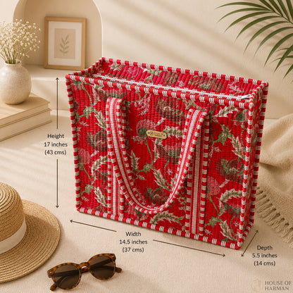 House of Harman Block Printed Tote Bag | Zipper Closure | 2 Inner Pockets | Ample Storage