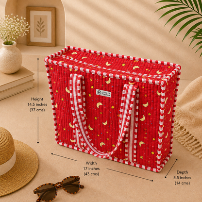 House of Harman Block Printed Tote Bag | Zipper Closure | 2 Inner Pockets | Ample Storage