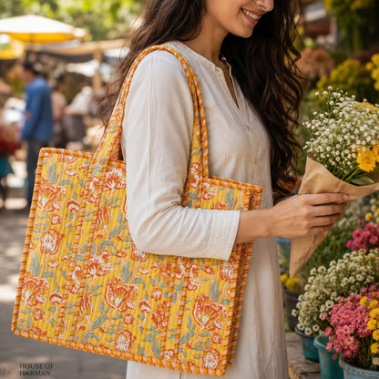 House of Harman Block Printed Tote Bag | Zipper Closure | 2 Inner Pockets | Ample Storage
