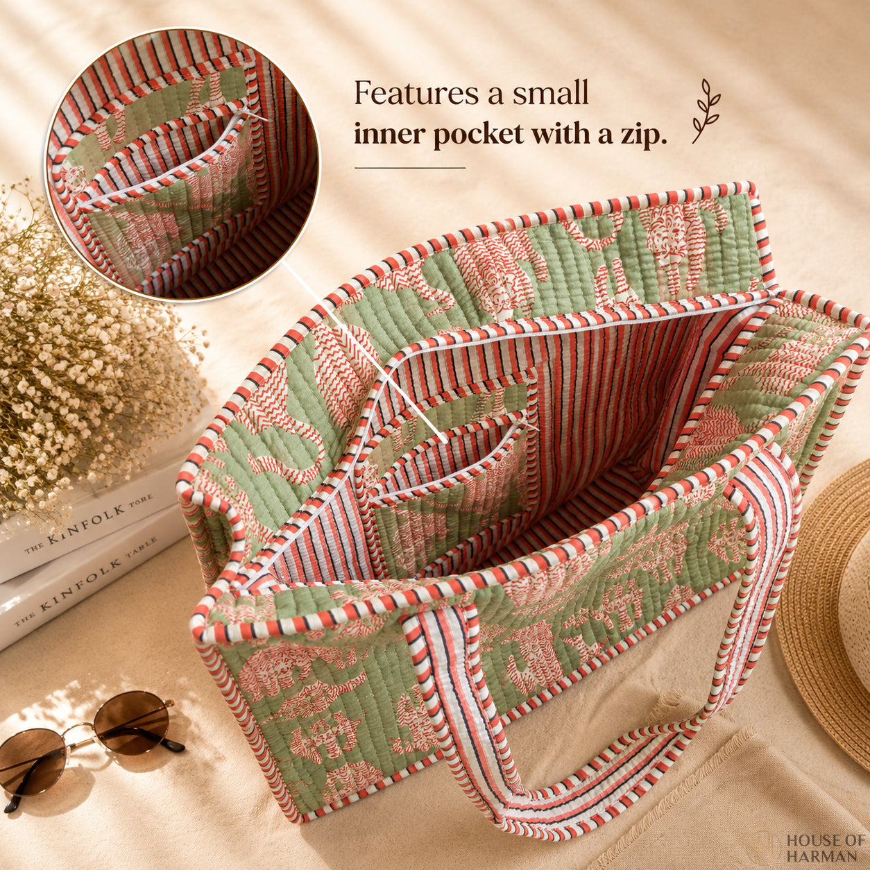 House of Harman Block Printed Tote Bag | Zipper Closure | 2 Inner Pockets | Ample Storage