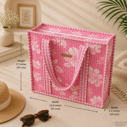 House of Harman Block Printed Tote Bag | Zipper Closure | 2 Inner Pockets | Ample Storage