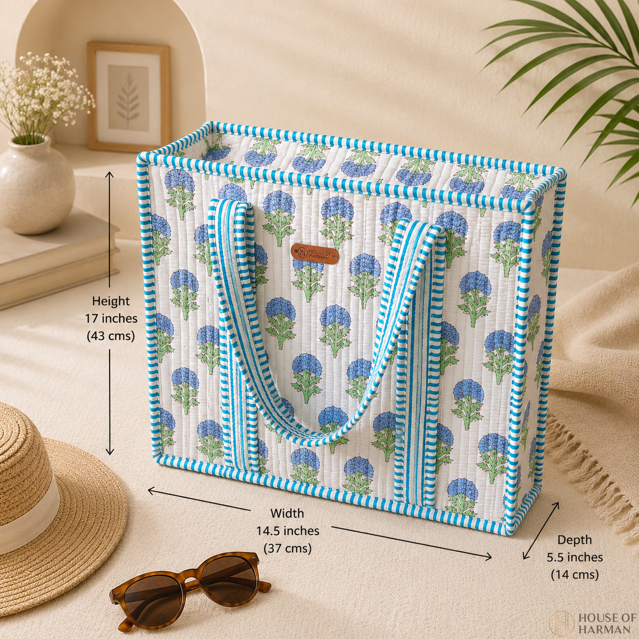 House of Harman Block Printed Tote Bag | Zipper Closure | 2 Inner Pockets | Ample Storage