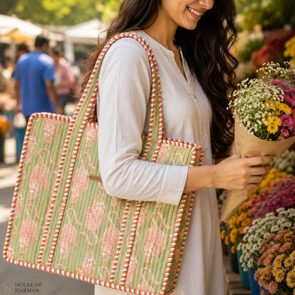 House of Harman Block Printed Tote Bag | Zipper Closure | 2 Inner Pockets | Ample Storage