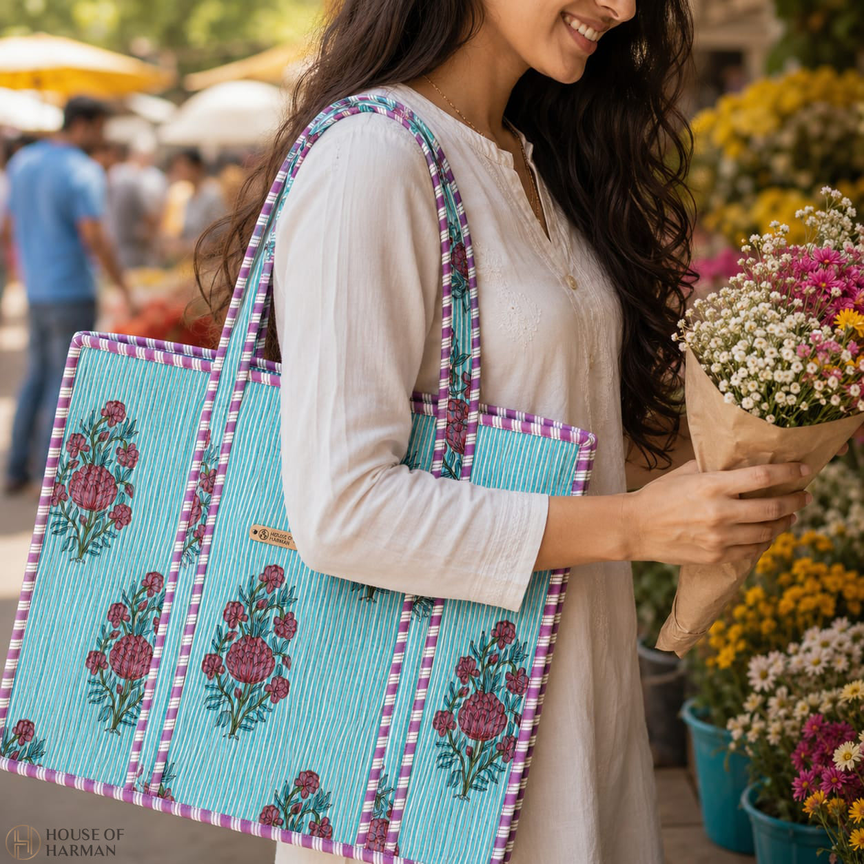 House of Harman Block Printed Tote Bag | Zipper Closure | 2 Inner Pockets | Ample Storage
