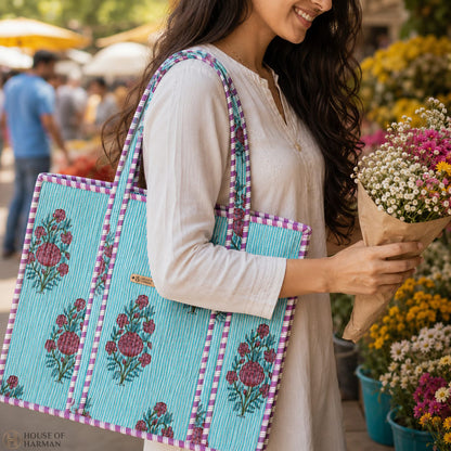 House of Harman Block Printed Tote Bag | Zipper Closure | 2 Inner Pockets | Ample Storage