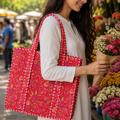 House of Harman Block Printed Tote Bag | Zipper Closure | 2 Inner Pockets | Ample Storage