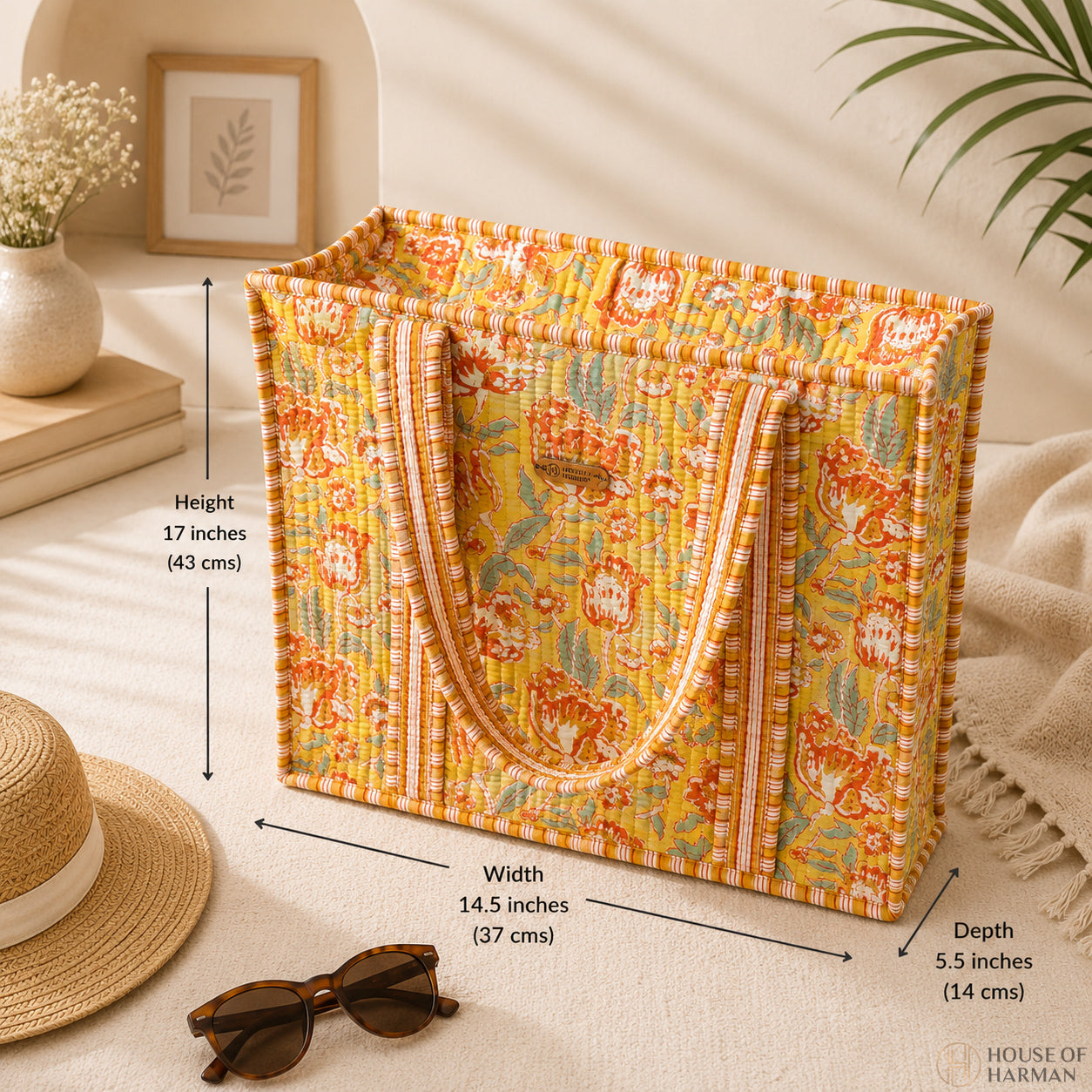 House of Harman Block Printed Tote Bag | Zipper Closure | 2 Inner Pockets | Ample Storage
