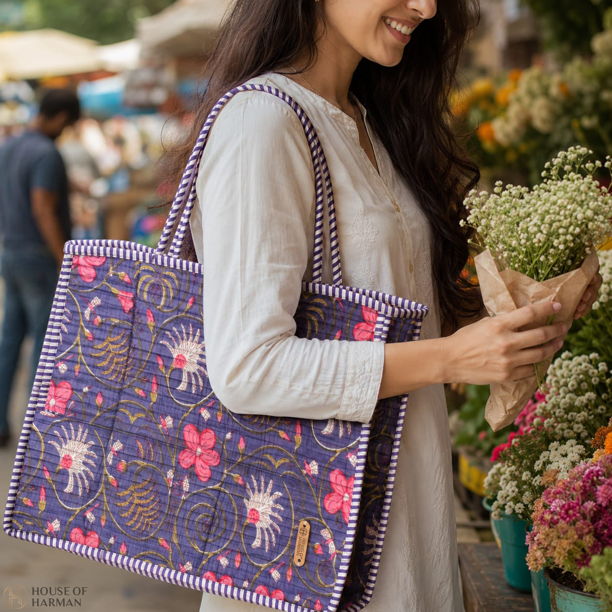 House of Harman Block Printed Tote Bag | Zipper Closure | 2 Inner Pockets | Ample Storage
