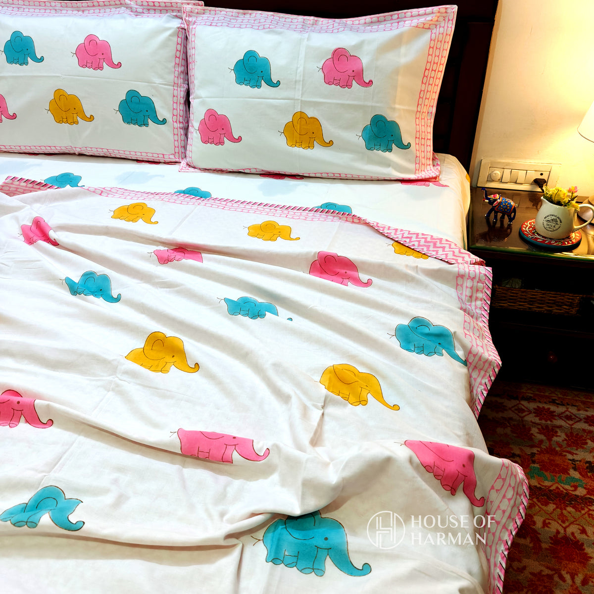 Playful Trunky Joys Bedsheet and Dohar