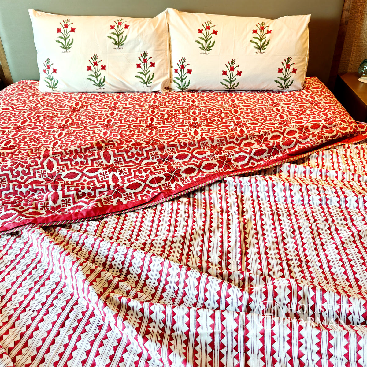 Crimson Lattice Dream Bedsheet and Dohar