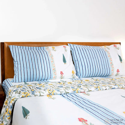 Meadow Bloom Stripes Bedsheet and Dohar - HOUSE OF HARMAN