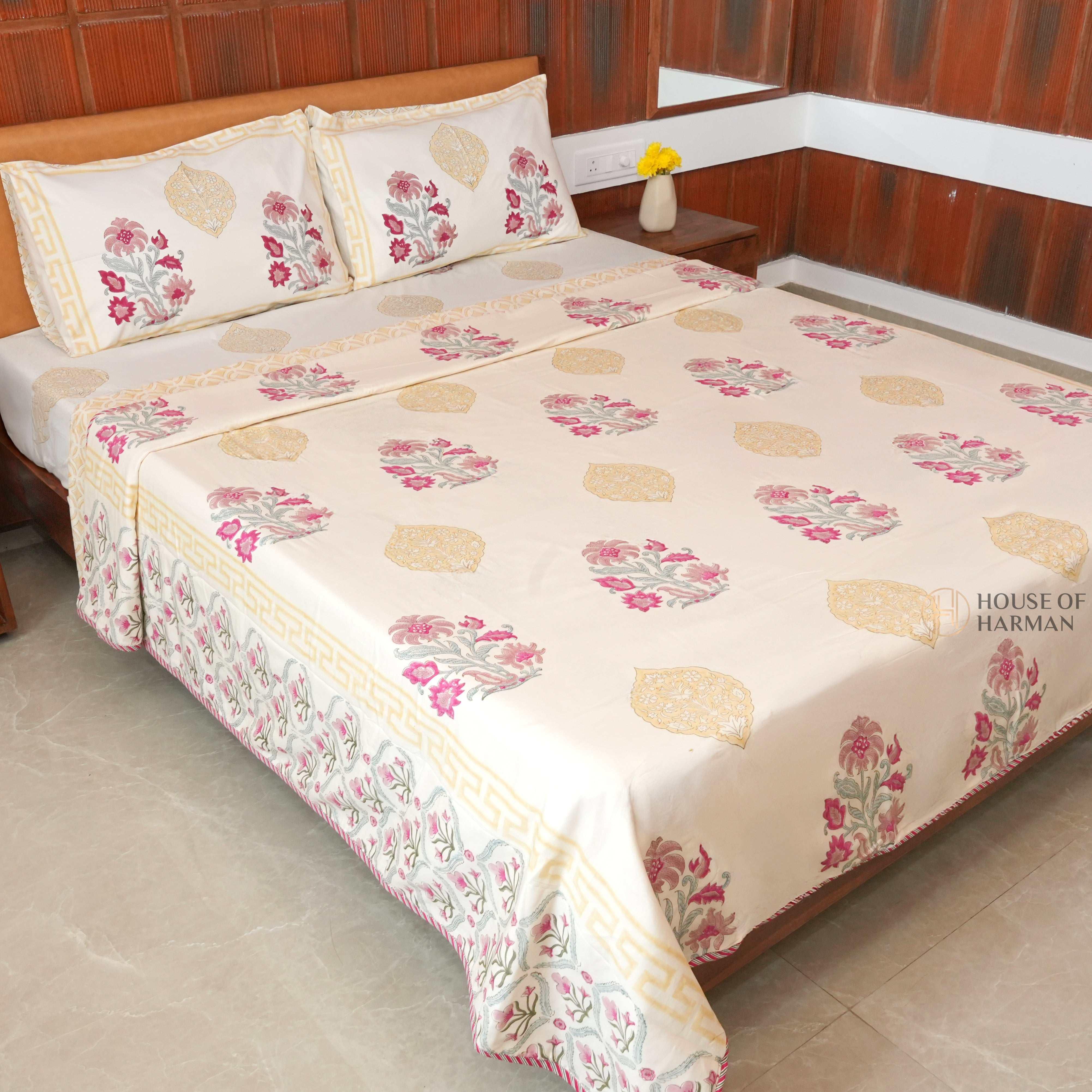Mughal Ruby Bloom Bedsheet and Dohar - HOUSE OF HARMAN