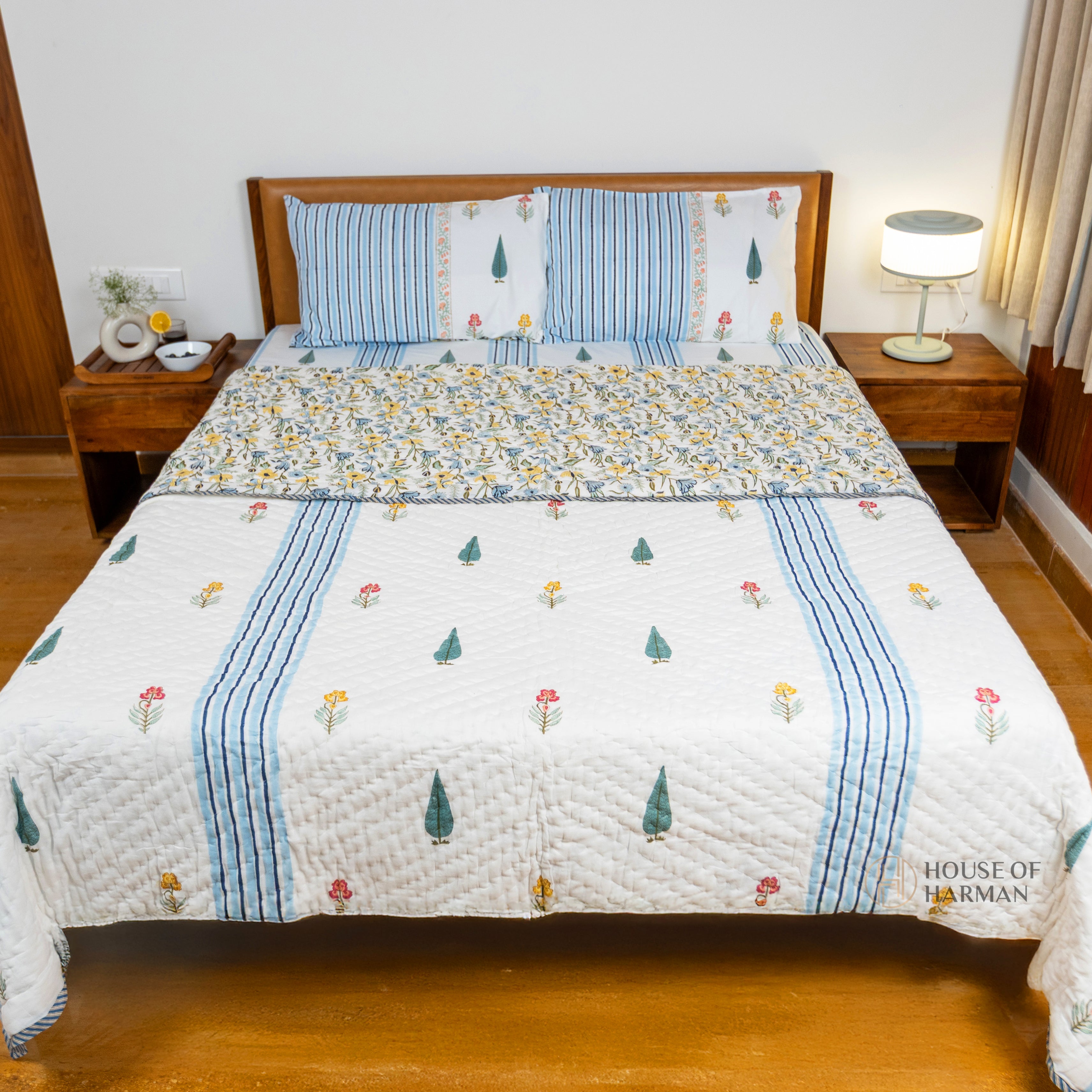Meadow Bloom Stripes Bedsheet and Quilt