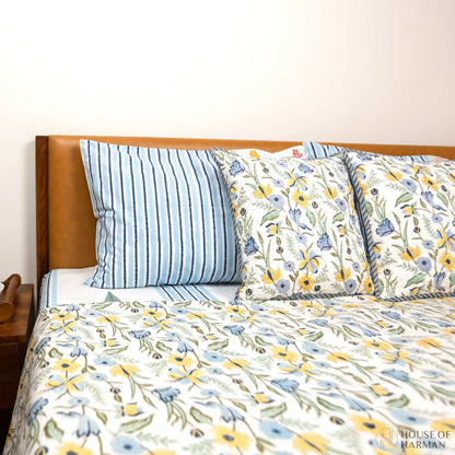 Meadow Bloom Stripes Bedsheet and Dohar - HOUSE OF HARMAN